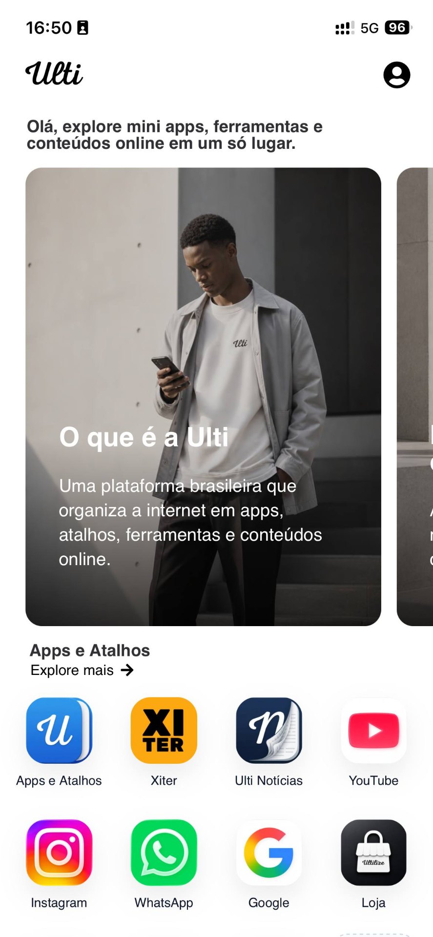 Prévia mobile da Ulti com mini apps e atalhos organizados